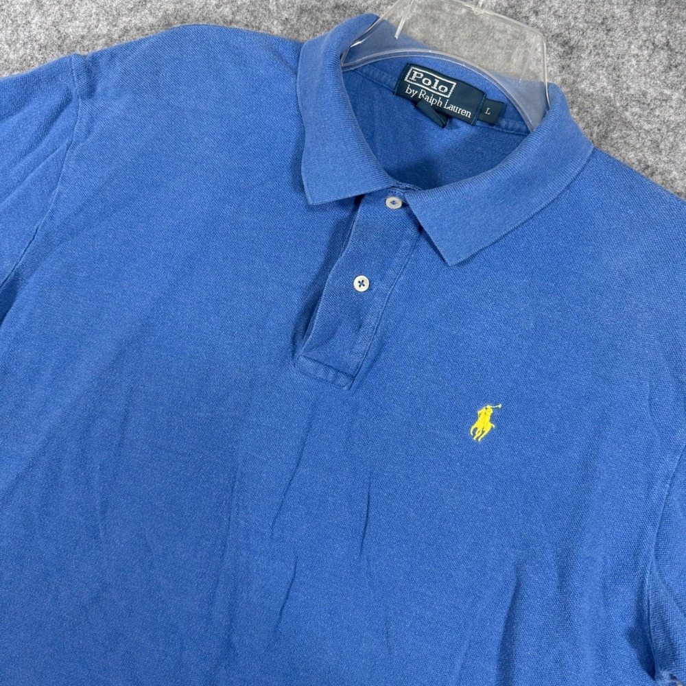Polo Ralph Lauren Polo Shirt Mens L Blue Short Sleeve Yellow Pony Cotton Pique